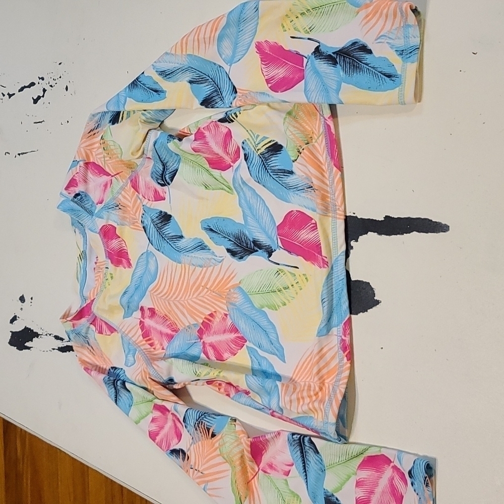 Miken Mermaids Girls Rash Guard Longsleeve Fluorescent Tropical Leaves Sz S‎ EUC